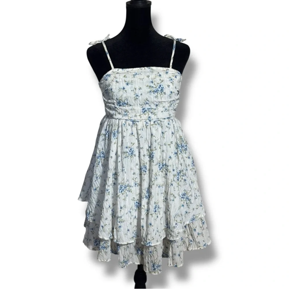 Unbranded White and Blue Floral Layered Tie Straps Empire Waist Babydoll Dress